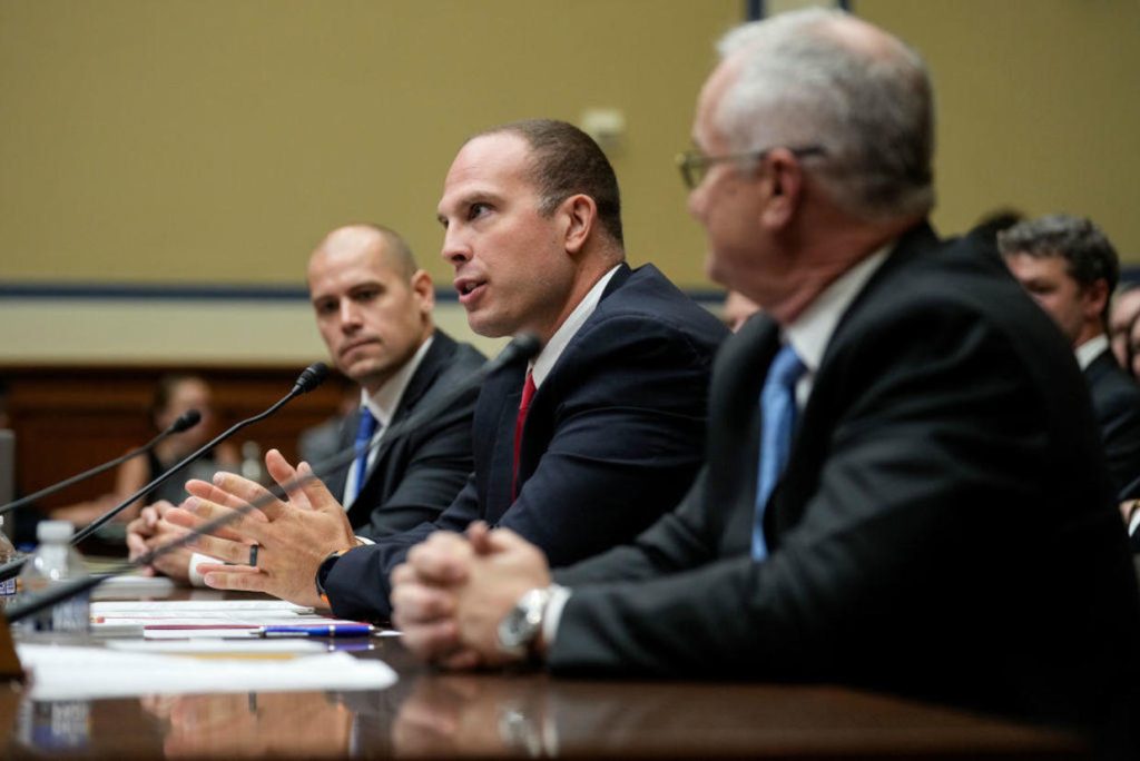 From left, Ryan Graves, David Grusch and David Fravor testify before a House subcommittee about unidentified anomalous phenomena on July 26, 2023, in Washington, D.C. DREW ANGERER / GETTY IMAGES