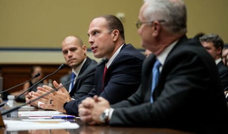 From left, Ryan Graves, David Grusch and David Fravor testify before a House subcommittee about unidentified anomalous phenomena on July 26, 2023, in Washington, D.C. DREW ANGERER / GETTY IMAGES