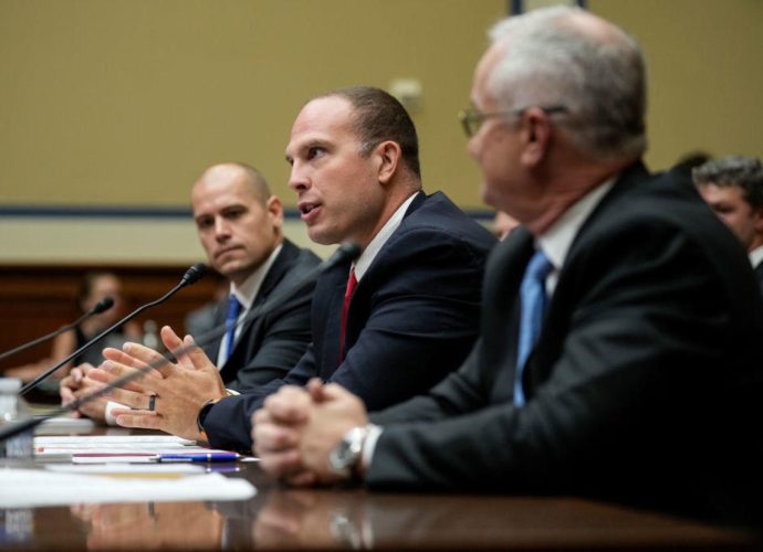 From left, Ryan Graves, David Grusch and David Fravor testify before a House subcommittee about unidentified anomalous phenomena on July 26, 2023, in Washington, D.C. DREW ANGERER / GETTY IMAGES